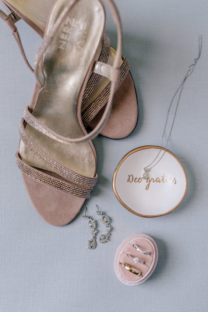 Bridal details like shoes and jewelry for a Catholic wedding in Fredericksburg VA