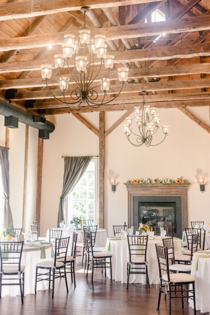 A wedding reception in a modern barn venue