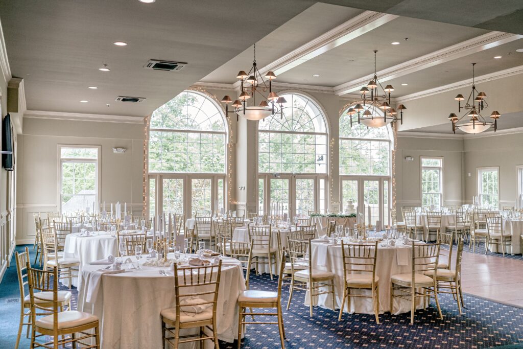 The ballroom set up for a reception at one of the best wedding venues in Fairfax County Virginia