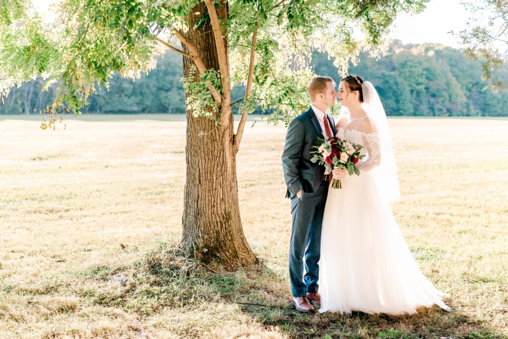 A bride and groom share a kiss under a large tree during their wedding at Gunston Hall in Lorton Virginia