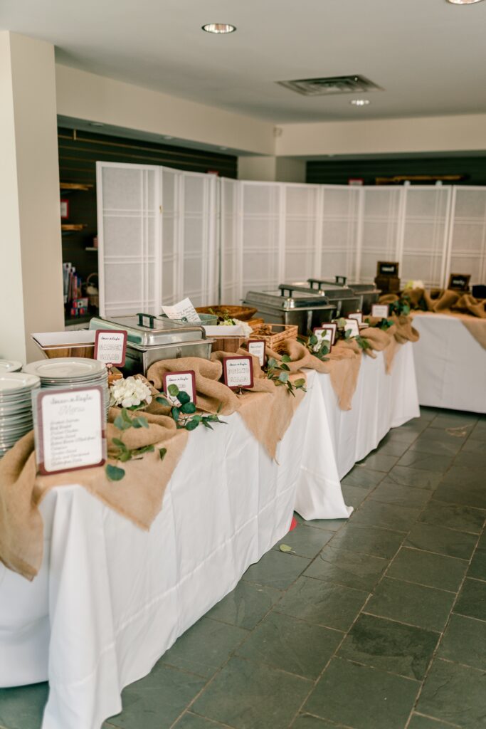 A buffet set up for a wedding at The Civil War Interpretive Center at Historic Blenheim in Fairfax