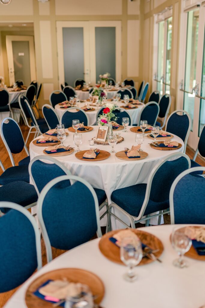 A table set with wood and burlap accents for a wedding at one of the best wedding venues in Northern Virginia