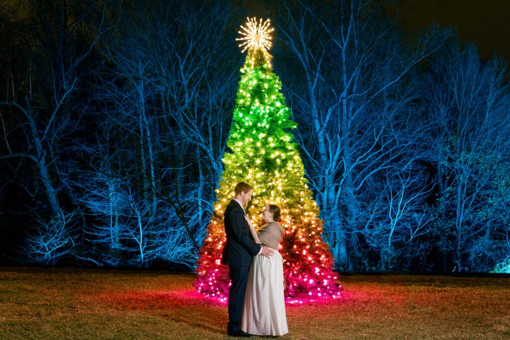 A bride and groom pose for a night portrait during their wedding at one of the best winter wedding venues in Northern Virginia