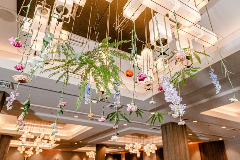 A floral chandelier installation to decorate a Sheraton Reston wedding reception