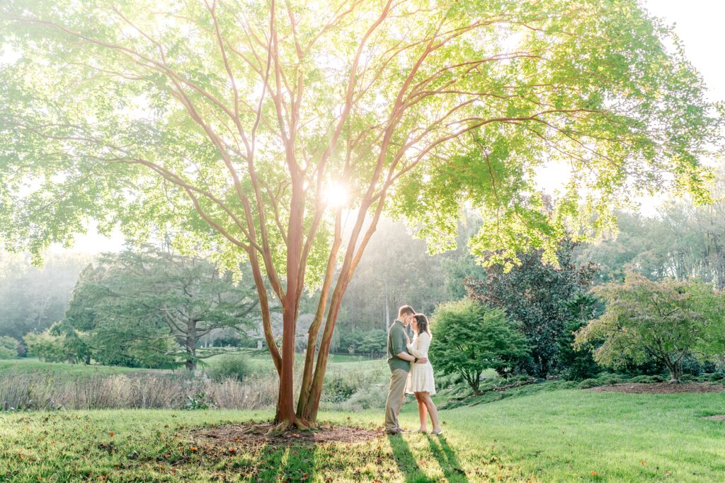 An engaged couple standing in perfect golden hour light