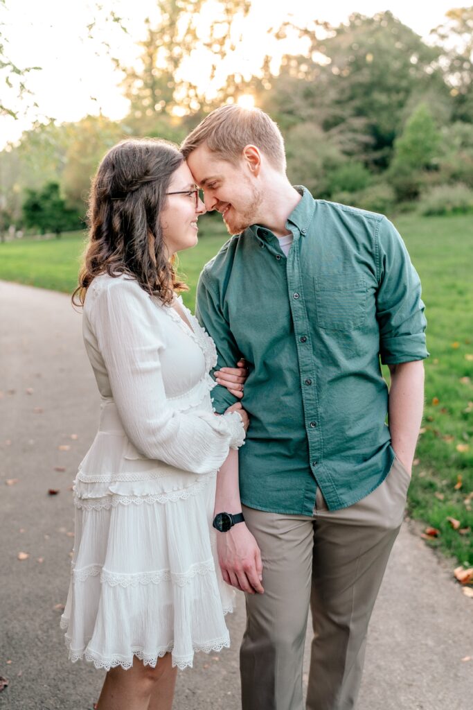 An engaged couple looking lovingly at each other