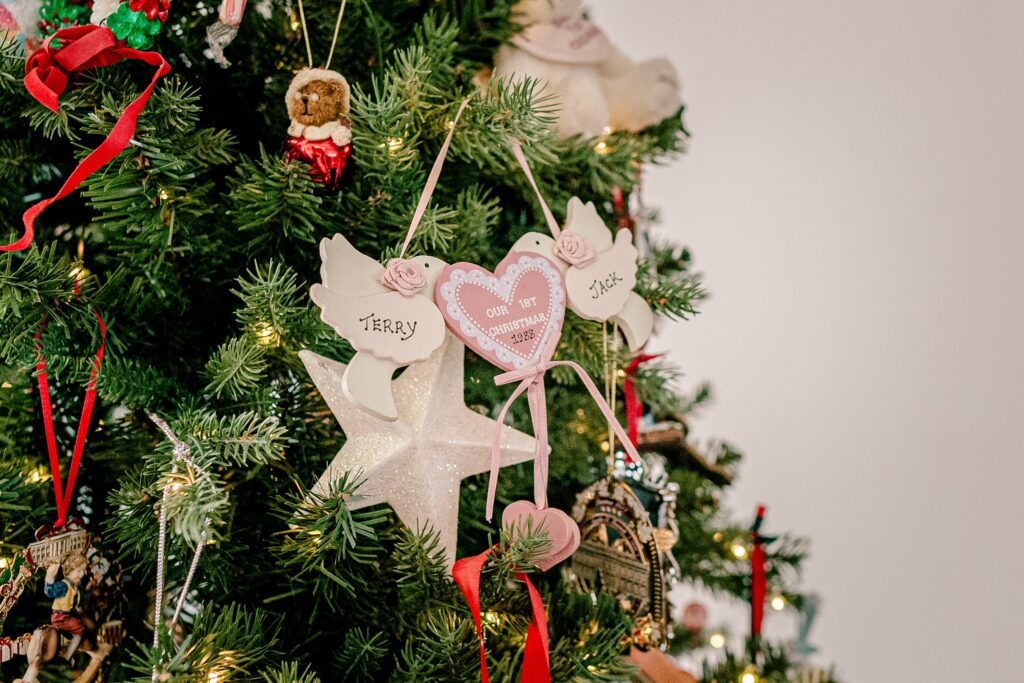 A special anniversary ornament for the bride's parents on the day of a Christmas themed wedding