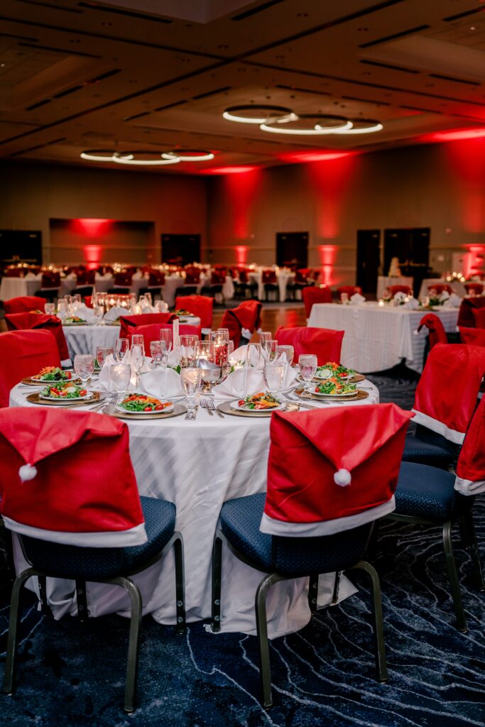 A ballroom reception decorated for a Christmas themed wedding at the Hyatt Regency Dulles in Herndon Virginia