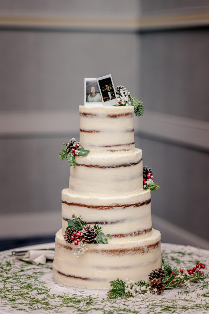 A naked wedding cake during a Christmas themed wedding at the Hyatt Regency Dulles in Herndon Virginia