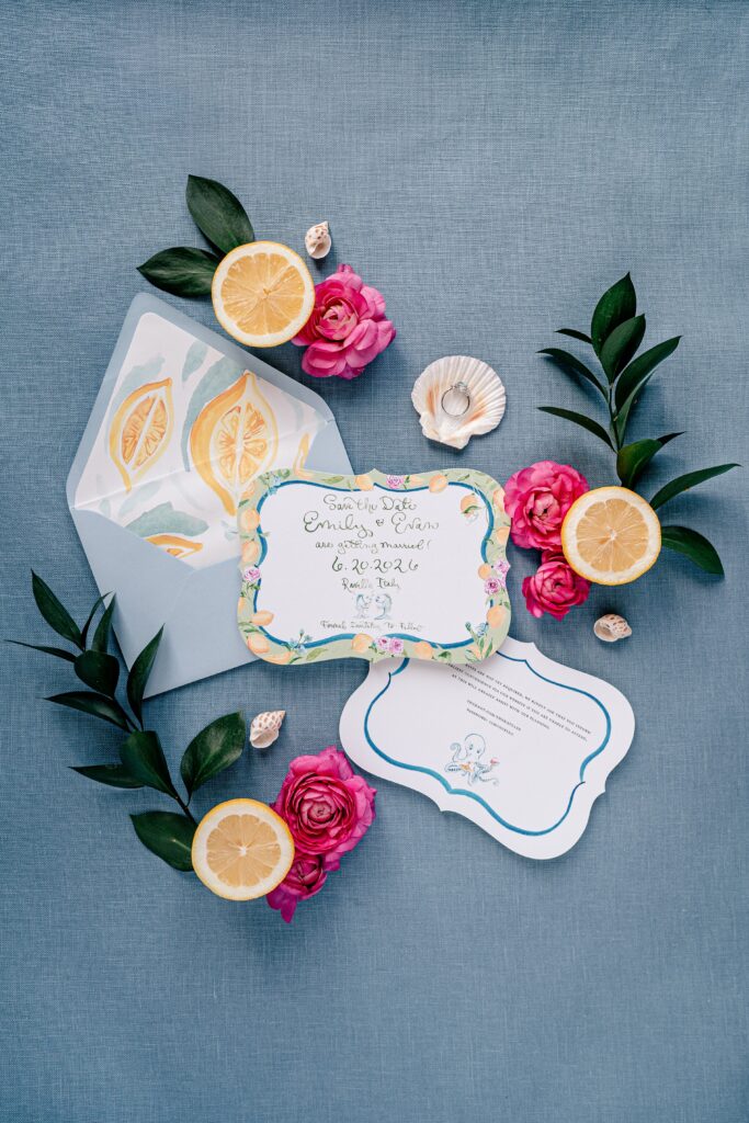 Wedding flat lays with a citrus theme