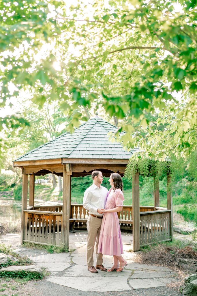 Green Spring Gardens photos of an engaged couple in front of the gazebo