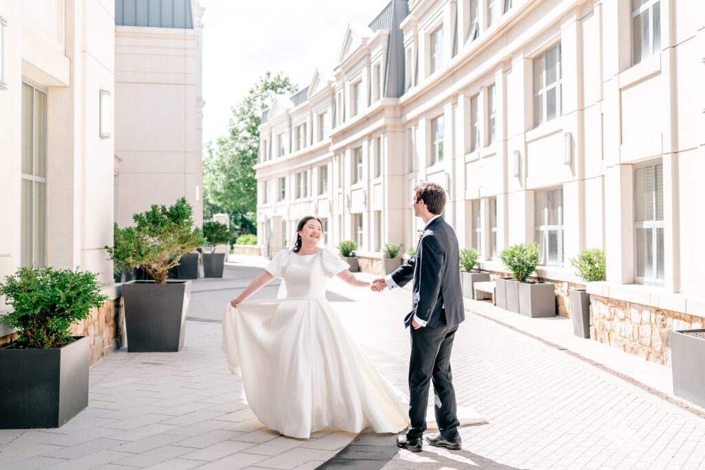 A dramatic portrait of a bride and groom during their Marymount University wedding