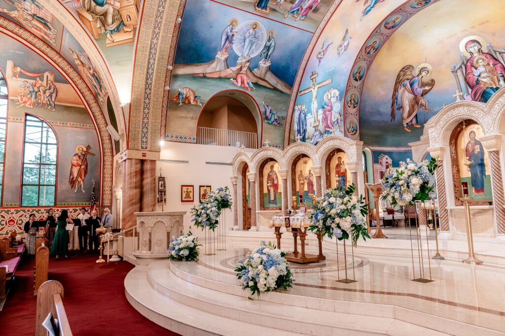 The front of the church set up for a Greek Orthodox wedding
