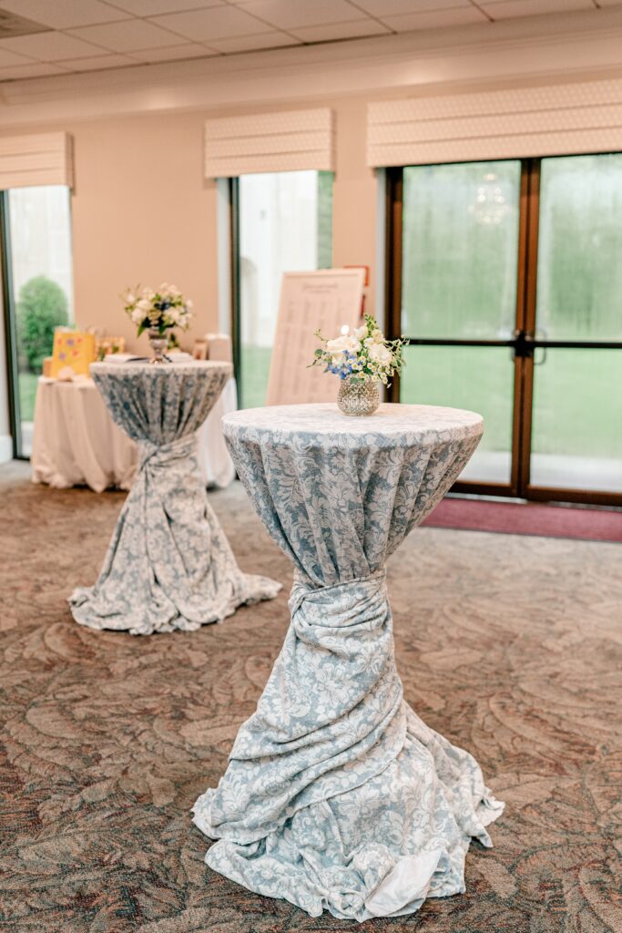 Cocktail tables set up for a Sts. Peter and Paul Antiochian Orthodox Church wedding in Potomac, Maryland