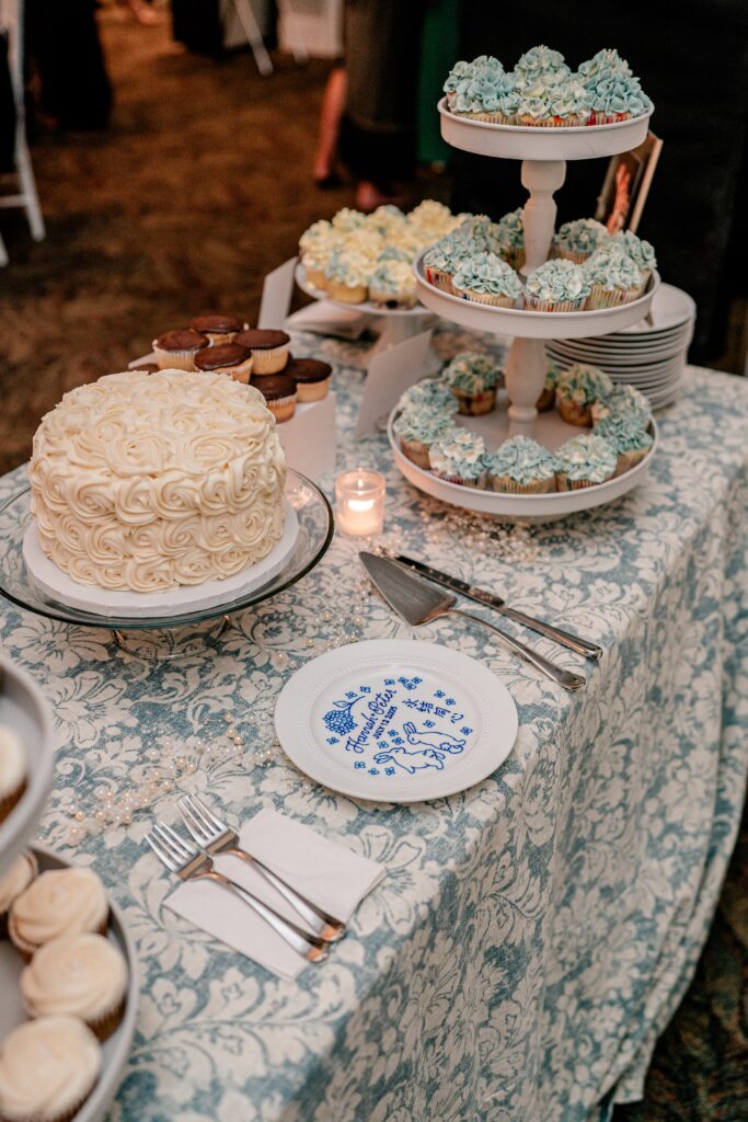 A cake table set up for a Sts. Peter and Paul Antiochian Orthodox Church wedding in Potomac, Maryland