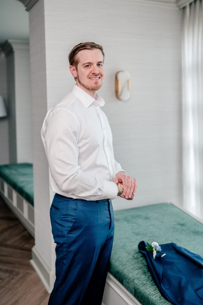 A groom getting ready before his Meadowlark Botanical Gardens wedding