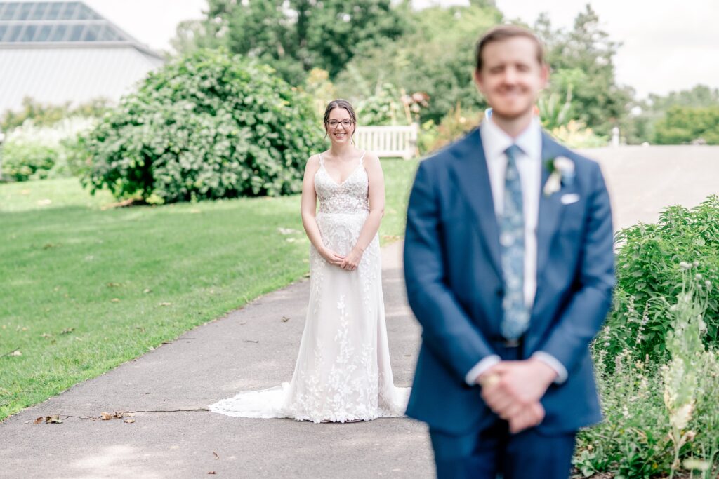 A bride just before her first look with her groom during their Meadowlark Botanical Gardens wedding