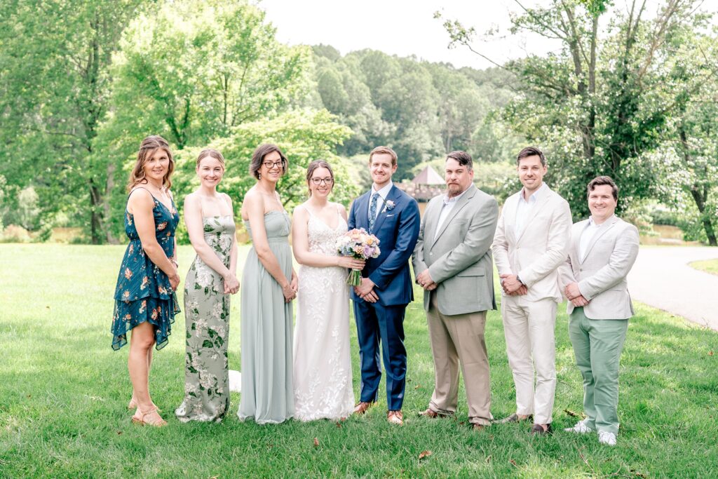 A mismatched wedding party during a Meadowlark Botanical Gardens wedding