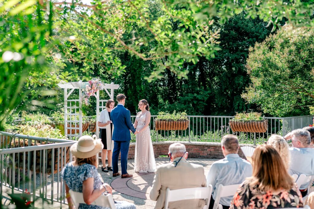 A wedding ceremony on a patio