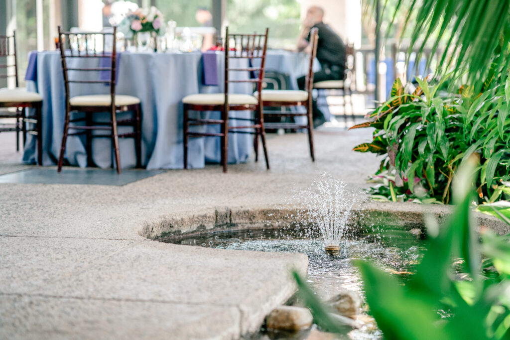 A fountain inside the reception space for an Atrium at Meadowlark wedding