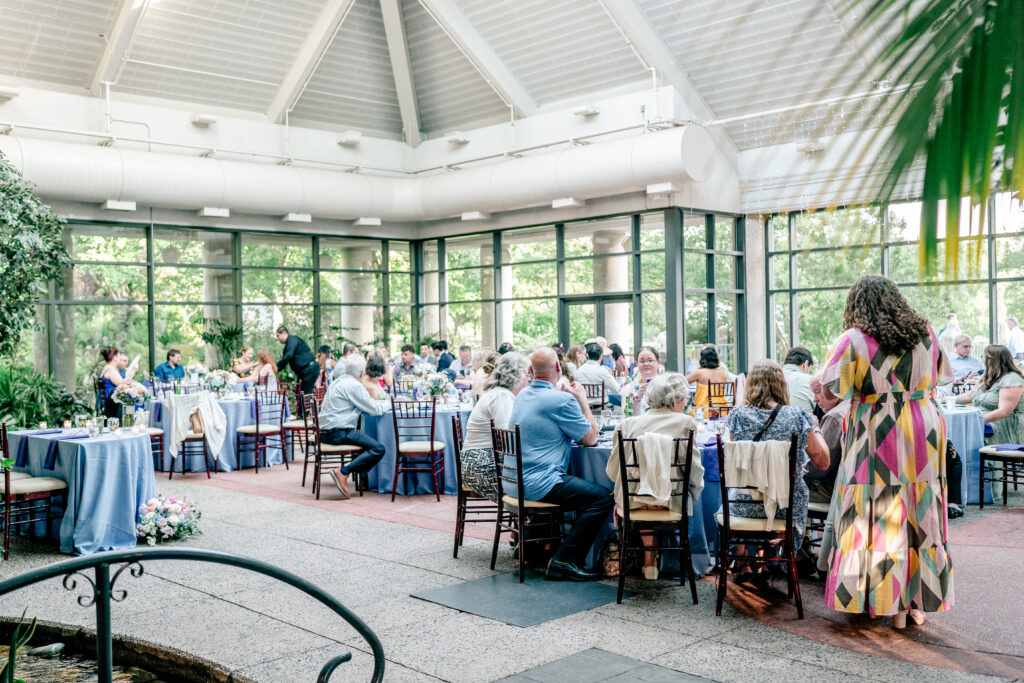 A wide shot of an Atrium at Meadowlark reception by a Northern Virginia wedding photographer