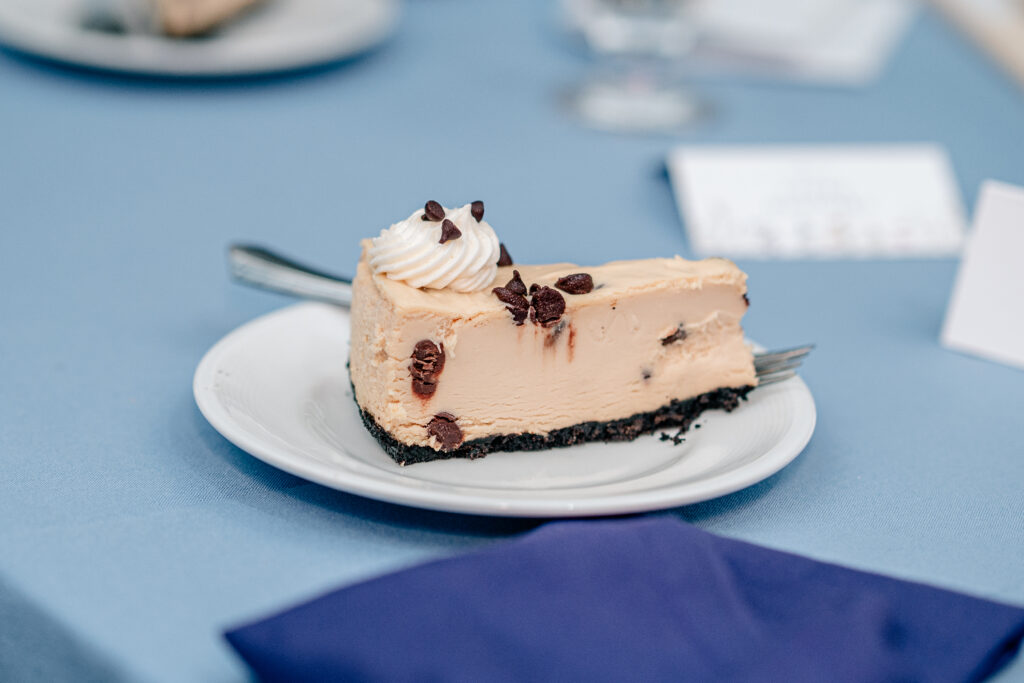 A chocolate chip cheesecake served to guests at an Atrium at Meadowlark wedding