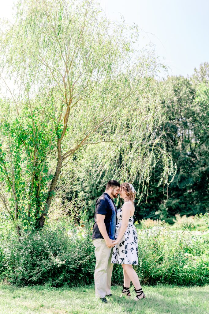 An engaged couple posed in front of a weeping willow tree for their Northern VA wedding photographer