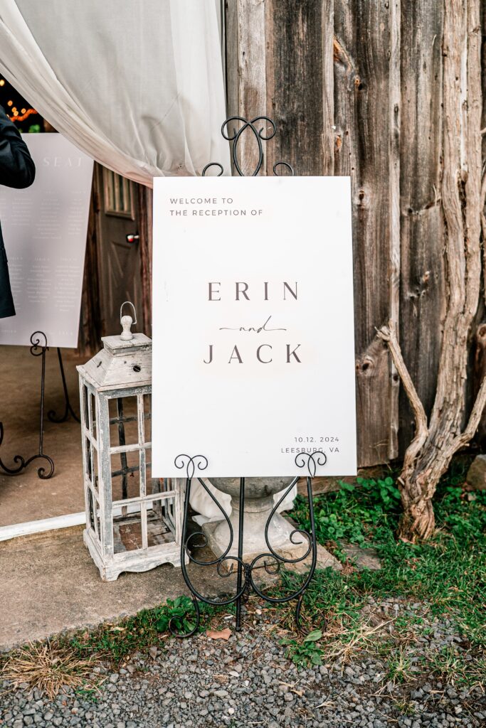 a welcome sign for a barn wedding reception