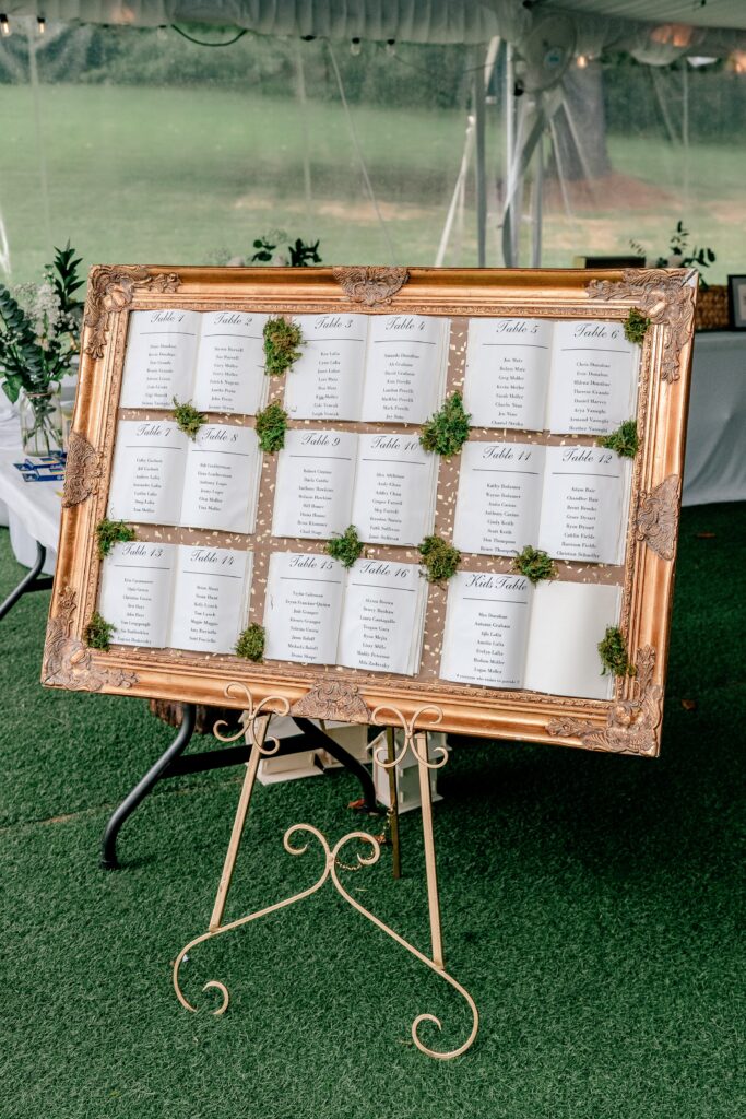 A seating chart made to look like books surrounded by moss in a detail by Northern VA wedding photographer Beauty of the Soul Studio