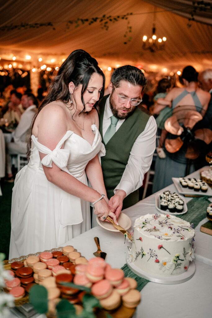 A bride and groom cutting the cake together in front of a Northern VA wedding photographer
