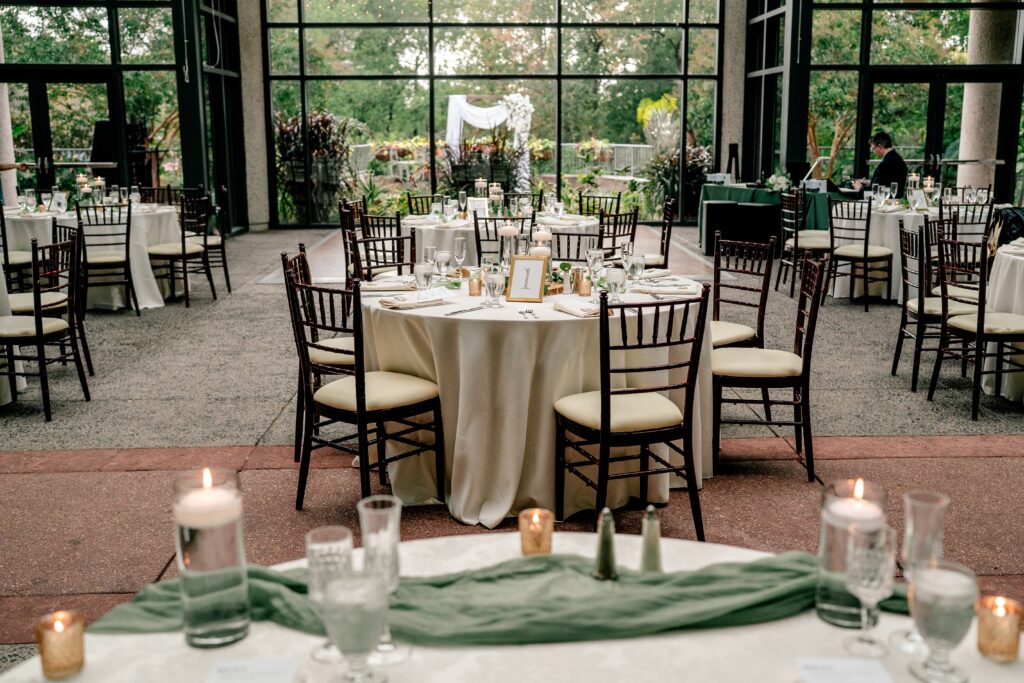 A wide view of the reception space set up for a Meadowlark Botanical Gardens wedding