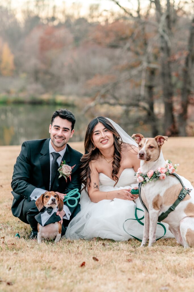A bride and groom posed with their dogs