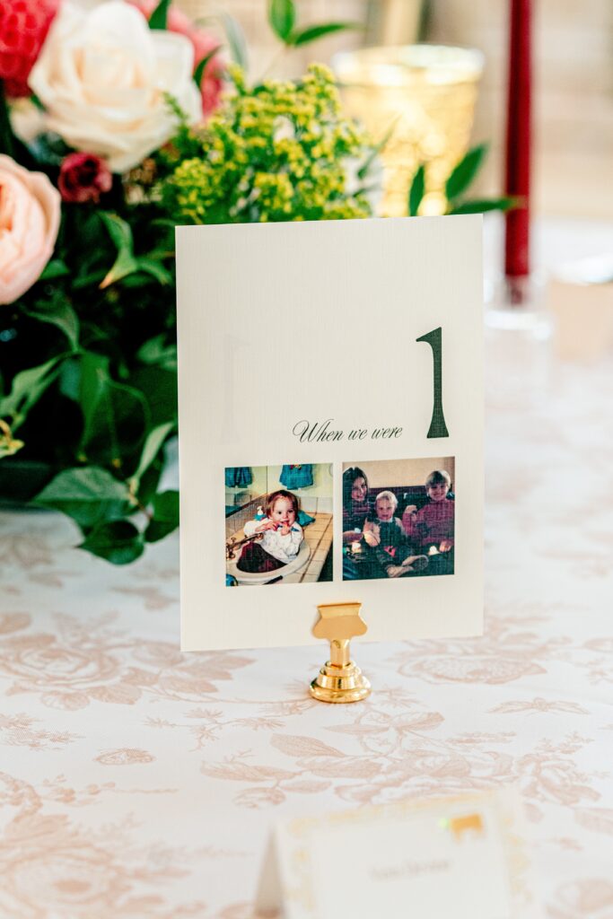Table numbers featuring the bride and groom as kids