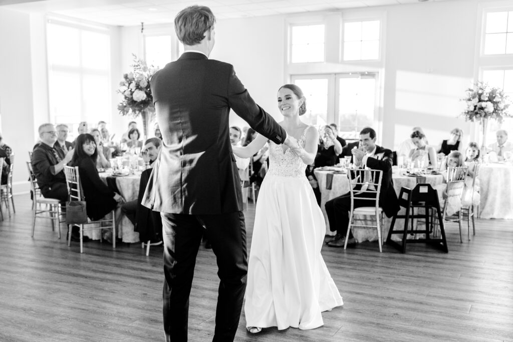 A bride and groom sharing their first dance