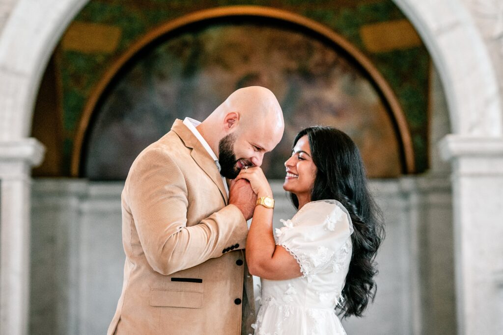A couple sharing a sweet moment together with their Northern VA wedding photographer