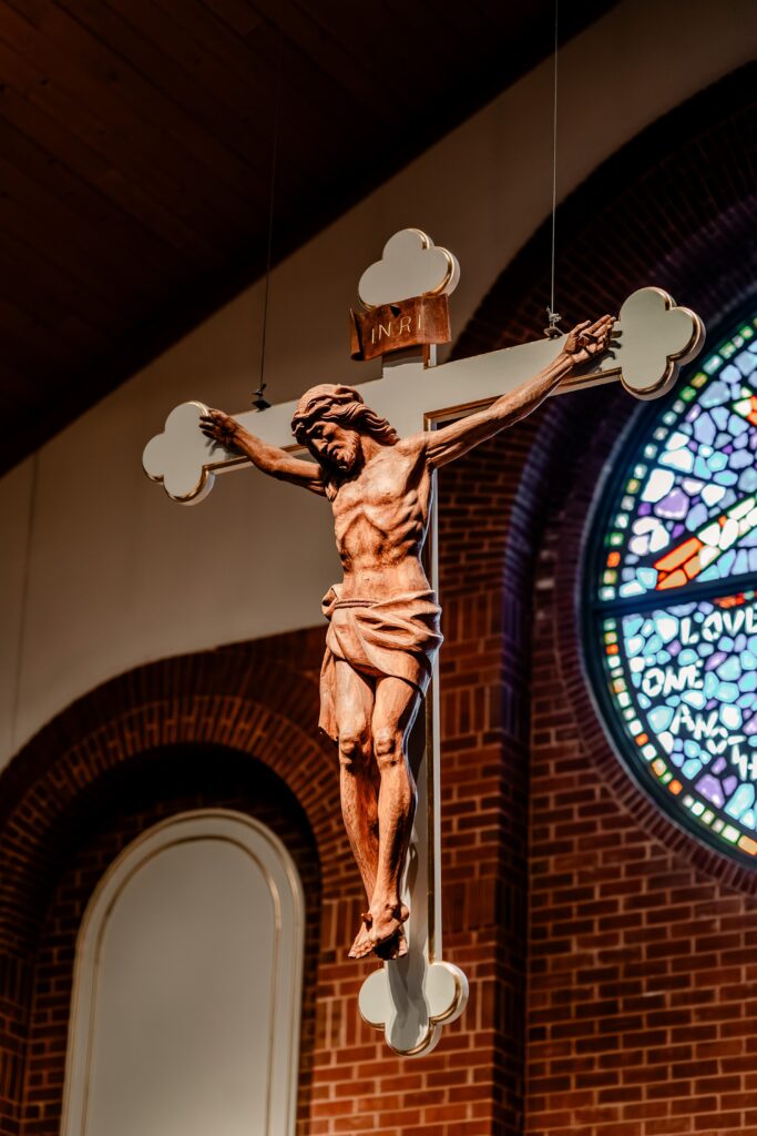 A crucifix hanging at Sacred Heart of Jesus Catholic Church
