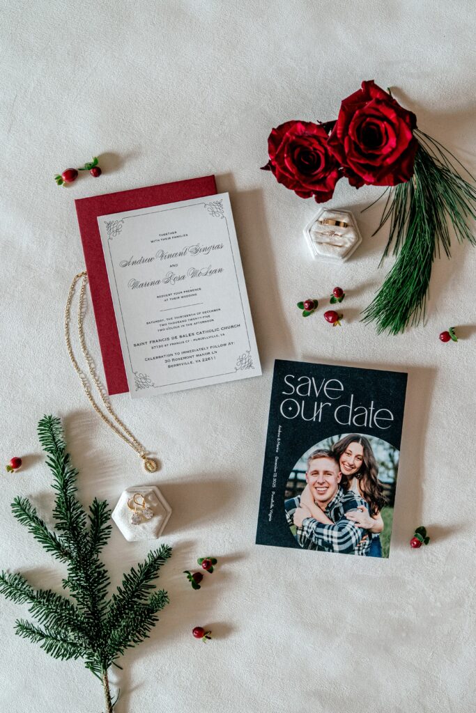 An invitation suite and bridal jewelry for a Catholic wedding in Purcellville