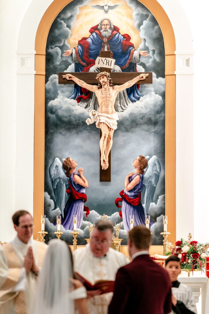 The powerful stormy Crucifix image above the altar at St. Francis de Sales in Purcellville VA