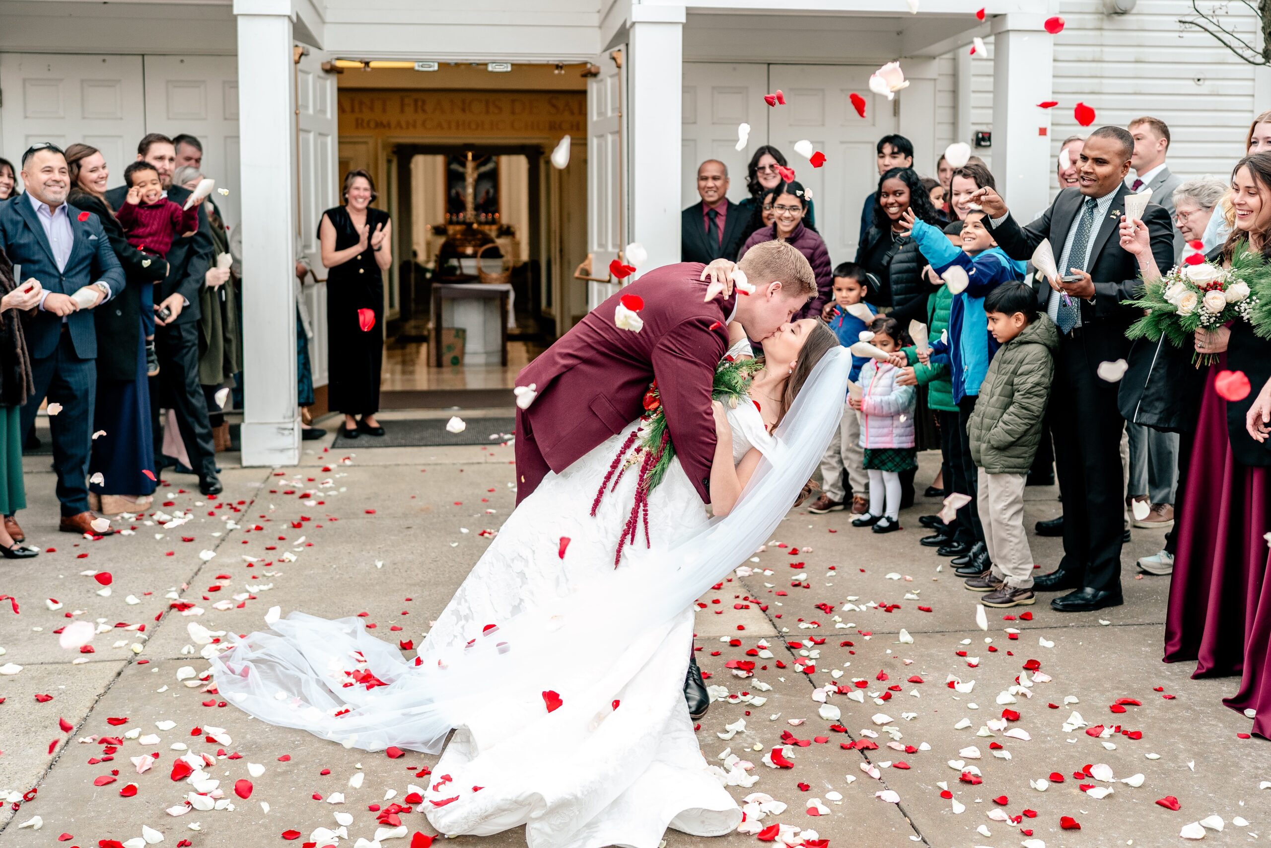 A flower petal sendoff for a St Francis de Sales wedding in Purcellville VA