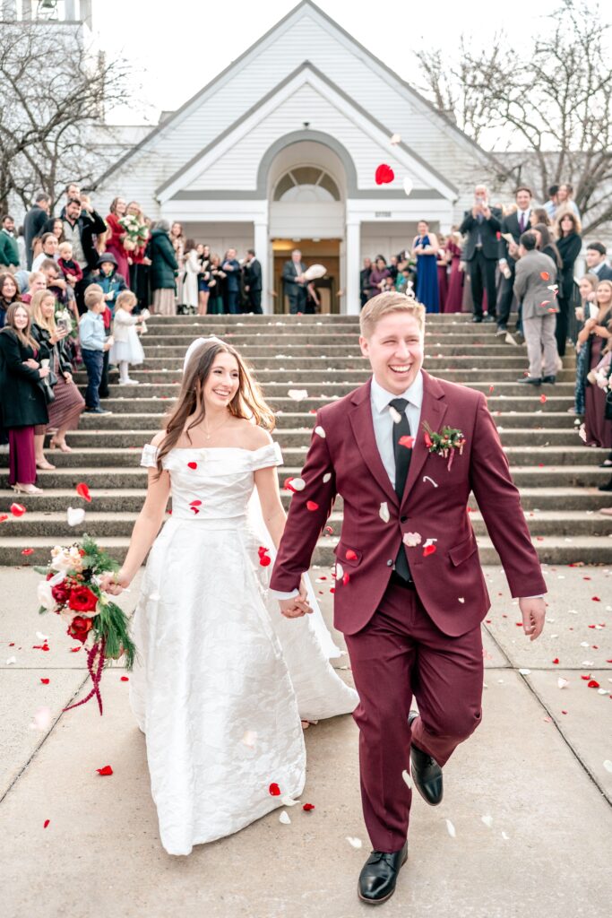 A flower petal sendoff from a wedding at St Francis de Sales in Purcellville