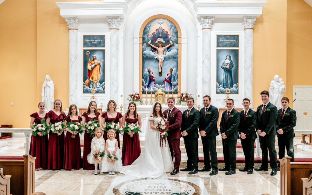A classic church wedding party portrait for a St Francis de Sales wedding in Purcellville