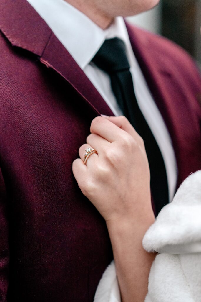 A Kettermans Jewelers ring on a bride's hand during their photos after a St Francis de Sales wedding in Purcellville