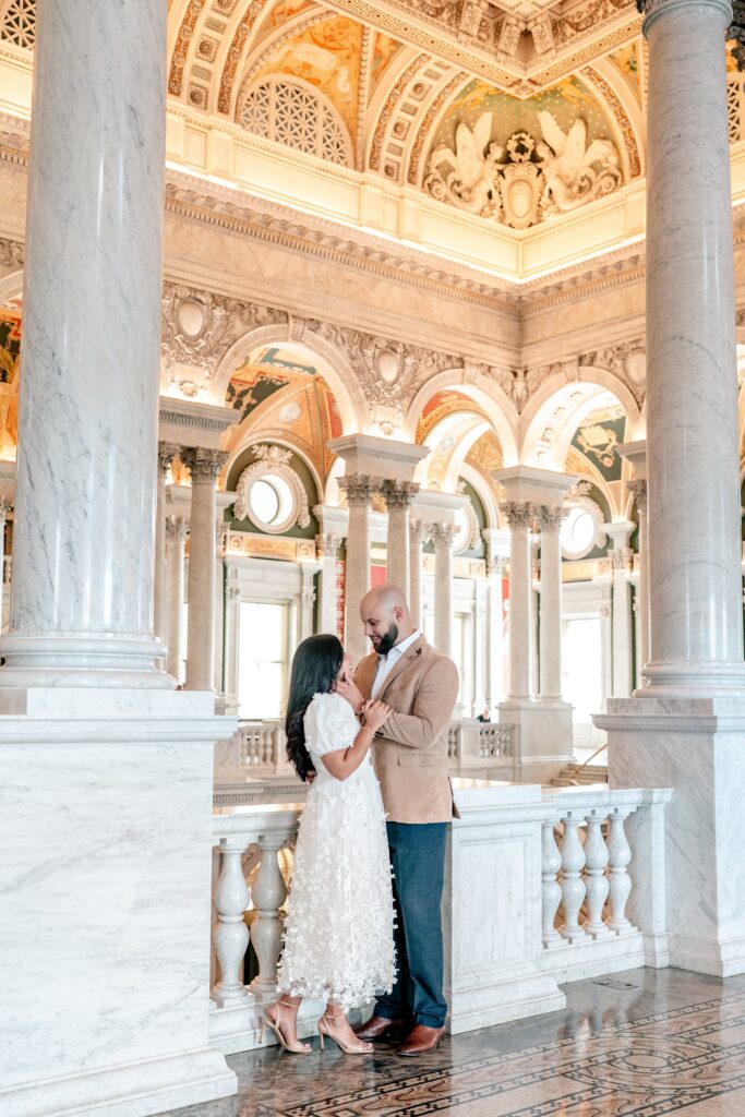 Library of Congress engagement photos featuring a chic floral white dress