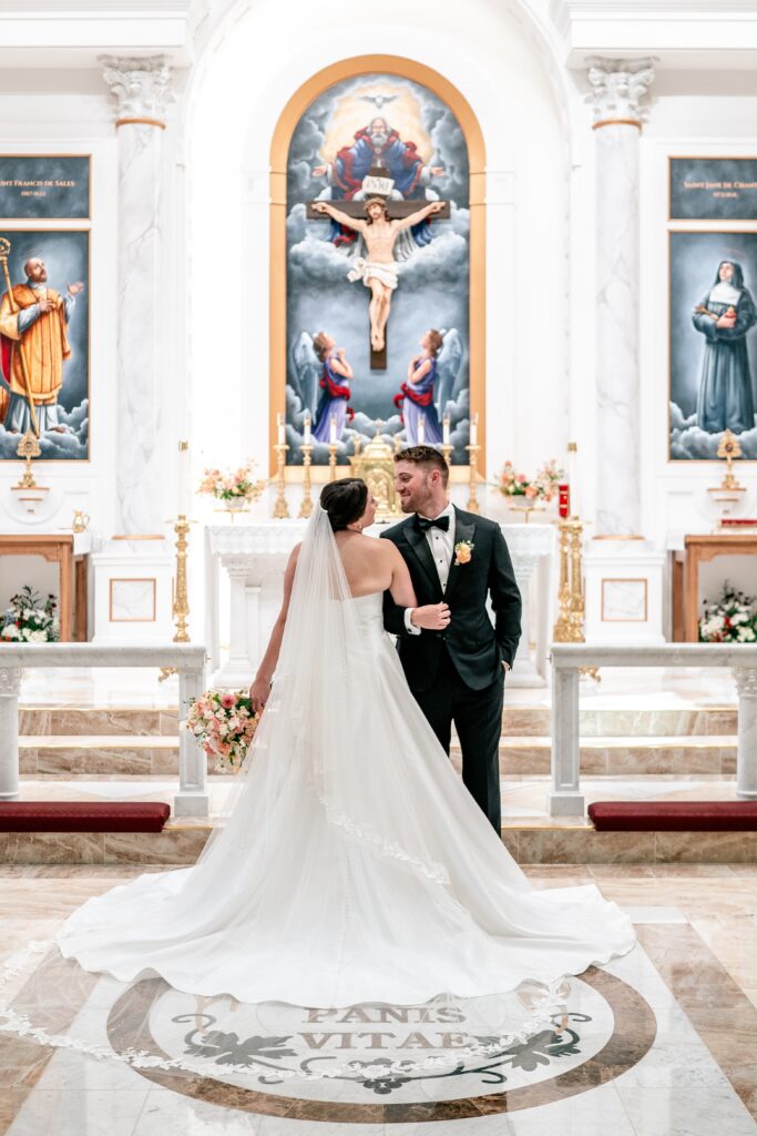 A couple posed for a church portrait during their Loudoun County wedding