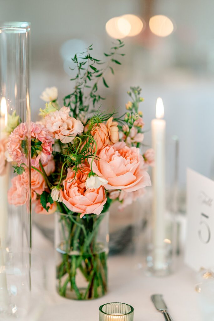 A bouquet of peach flowers for a Shadow Creek wedding