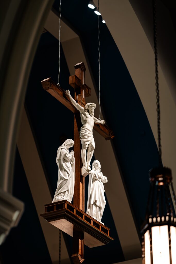 A crucifix hanging over the altar for a Loudoun County wedding
