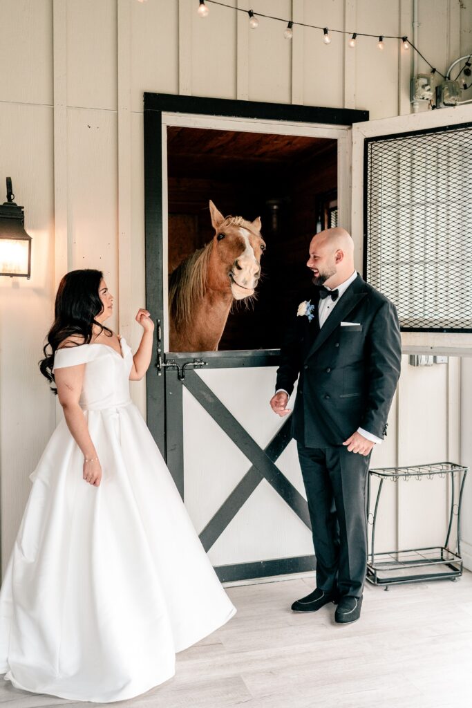 A bride and groom posing with a horse during their Northern VA wedding