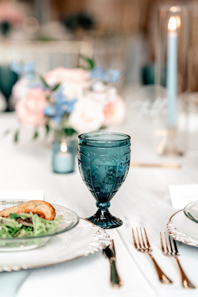 Blue water goblets for a Loudoun County wedding reception