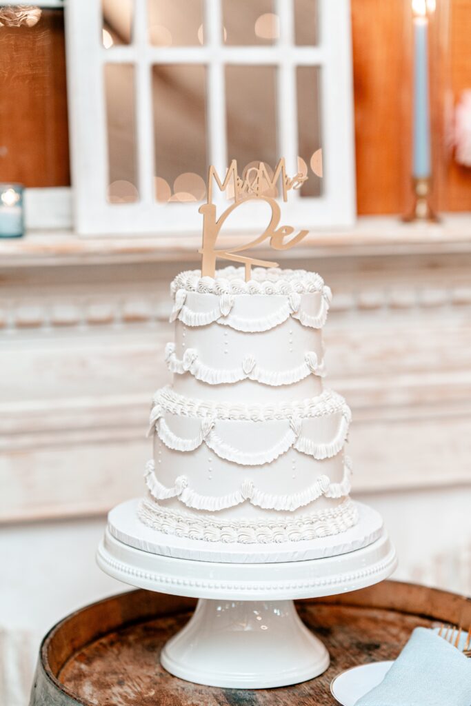 A classic white buttercream cake for a Loudoun County wedding reception